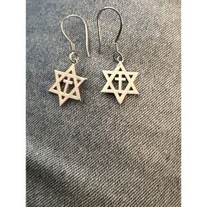 Sterling Silver 925 Messianic Star of David Cross Earrings #755